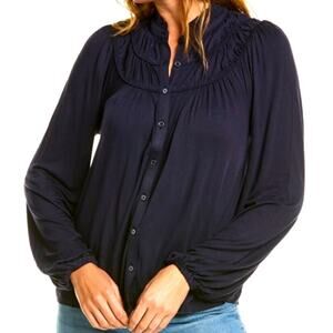 Boden Ruched Yoke Jersey Knit Top Womens Size 8 Navy Ruffled Casual Button Shirt